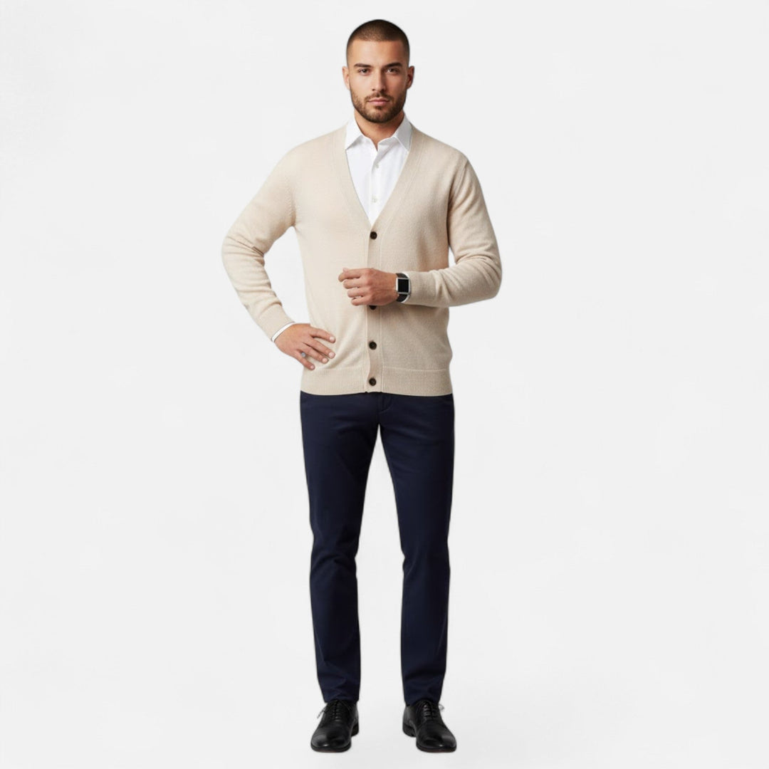 Men's open V-neck cardigan, loose fit knitwear for comfortable, classic style and layering.