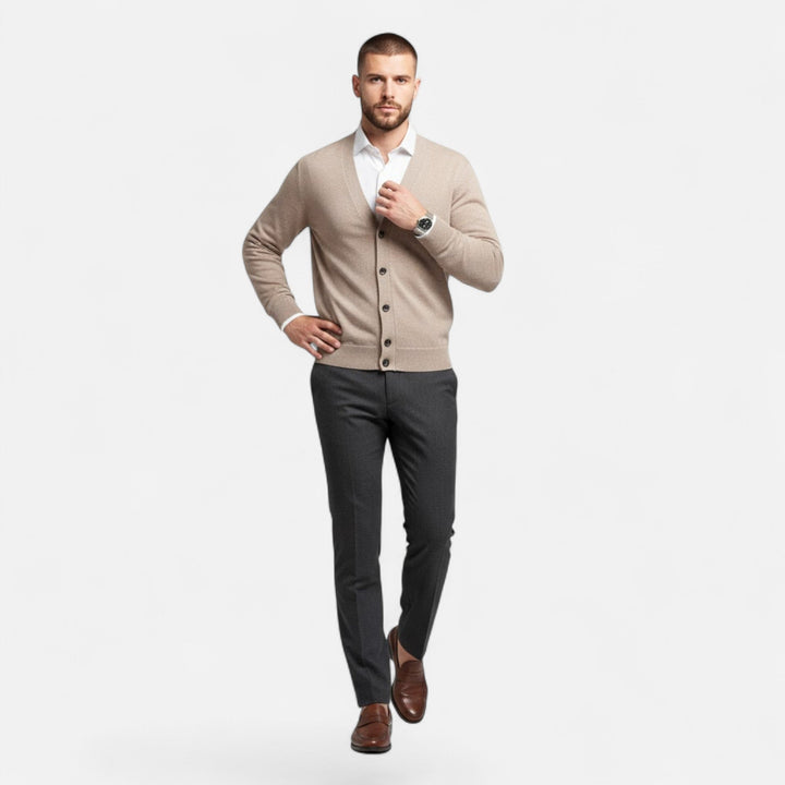 Effortless men's loose V-neck cardigan, comfortable knitwear for easy layering and classic style.