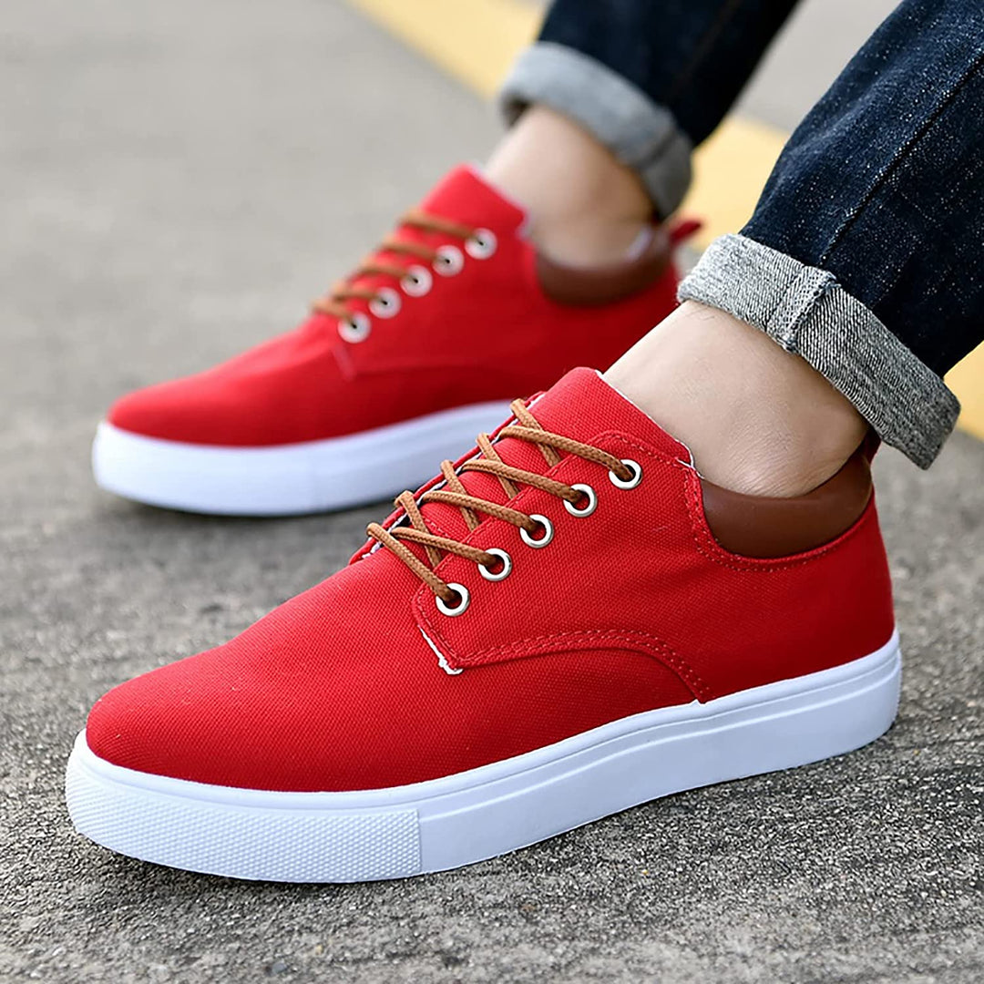 Detailed view of stitching and craftsmanship on men's low-top casual lace-up sneakers.