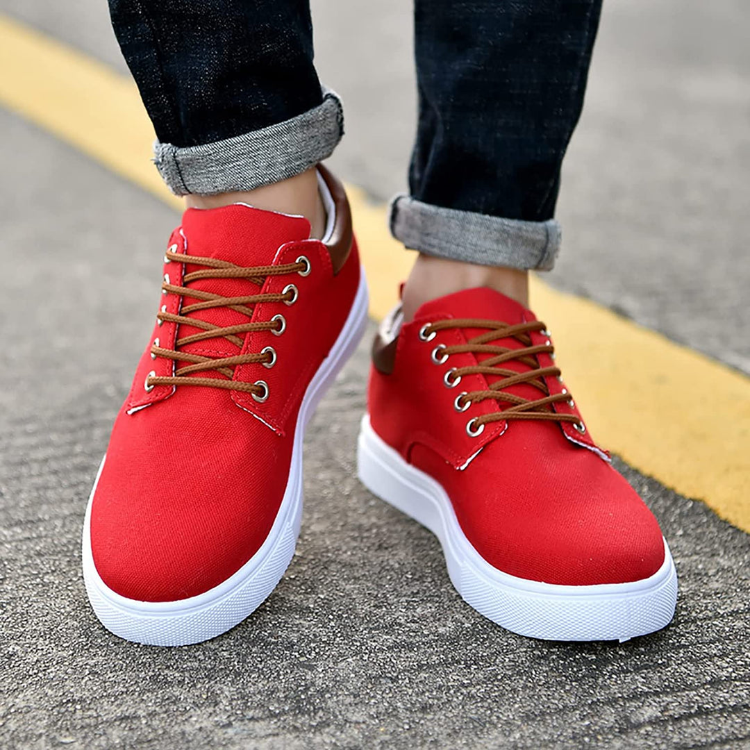 Unboxing a pair of men's everyday comfort casual lace-up sneakers, emphasizing new purchase excitement.