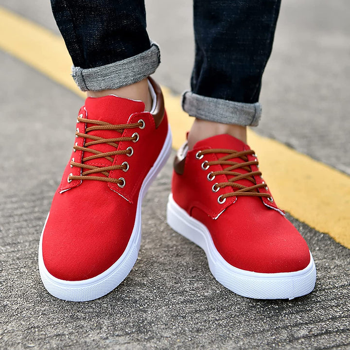 Unboxing a pair of men's everyday comfort casual lace-up sneakers, emphasizing new purchase excitement.
