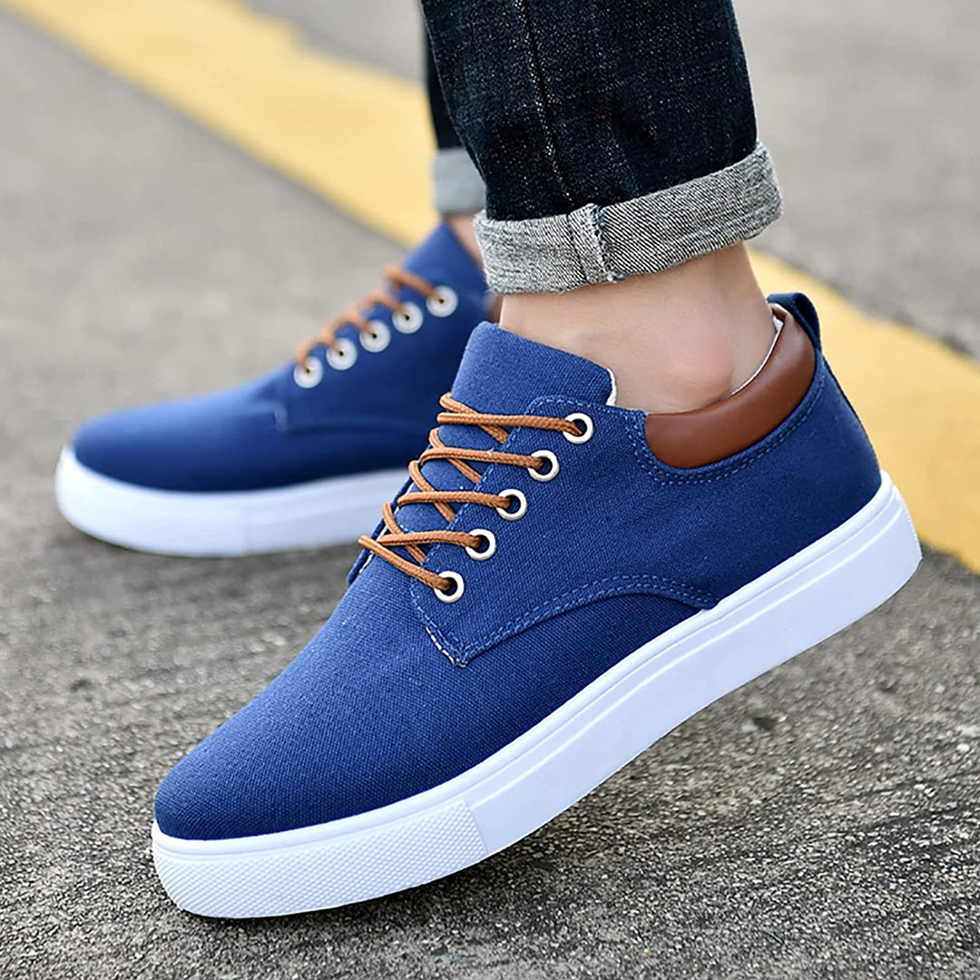 Man walking in comfortable men's lace-up casual low-top sneakers, ideal for daily wear and activities.