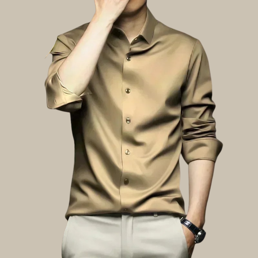 Lifestyle image of a man in a casual silk shirt, perfect for versatile and elegant occasions.