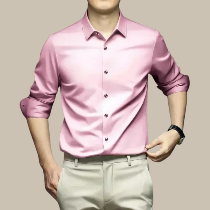 A luxurious men's silk casual shirt, designed for comfort and sophisticated dress shirt appeal.