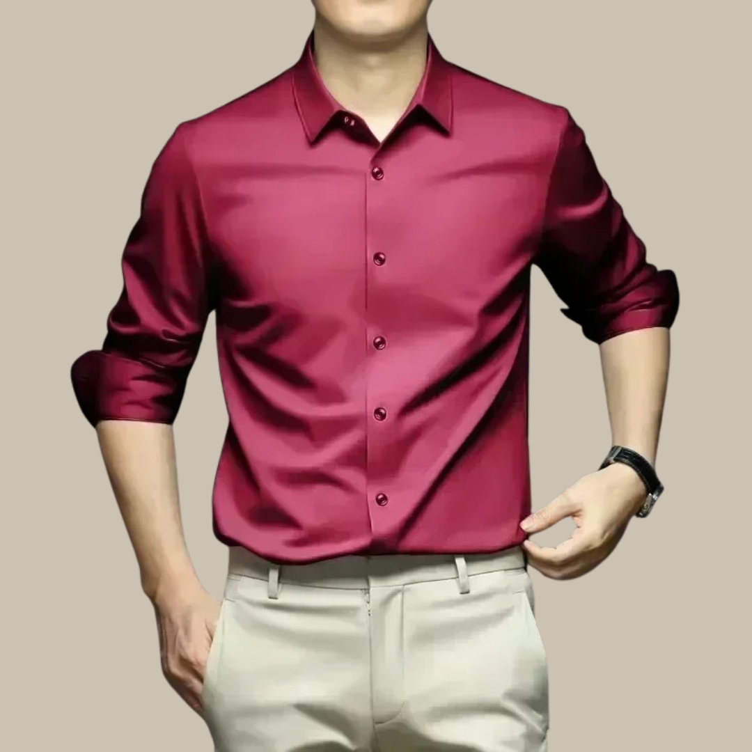 Front view of a men's elegant silk casual shirt in a rich color, showcasing luxury apparel.