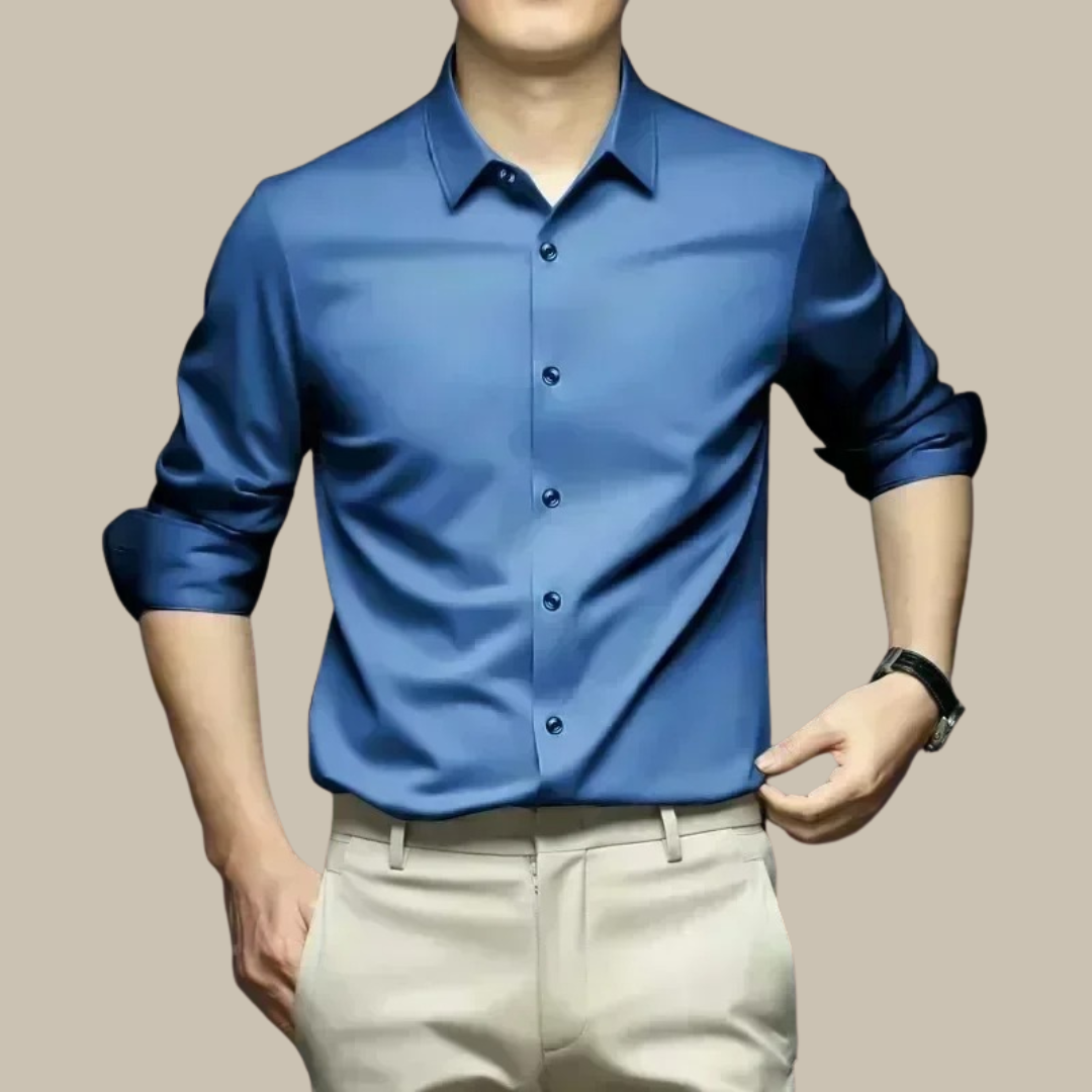 Close-up on the fine texture of a men's luxury silk casual shirt, perfect for dress shirt style.