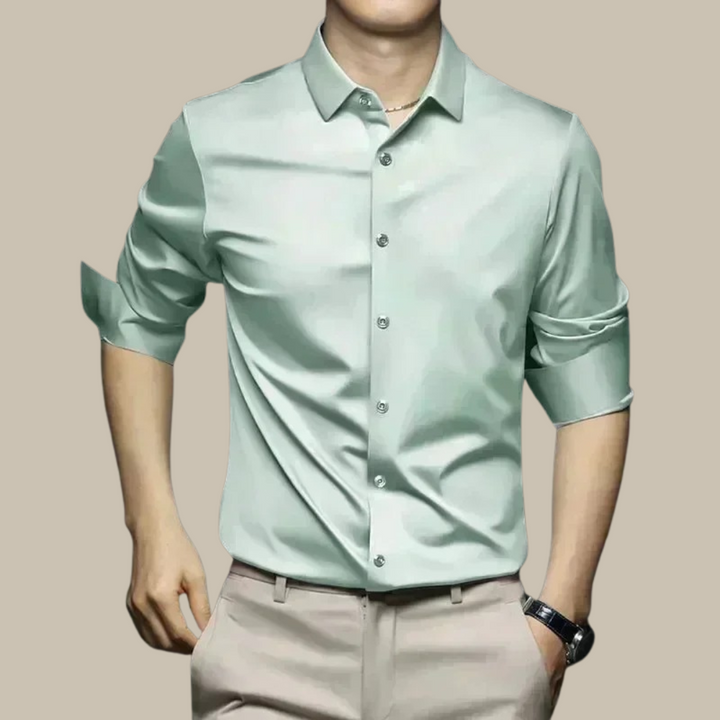 Model wearing a men's casual silk shirt, highlighting its versatile and elegant menswear fashion.