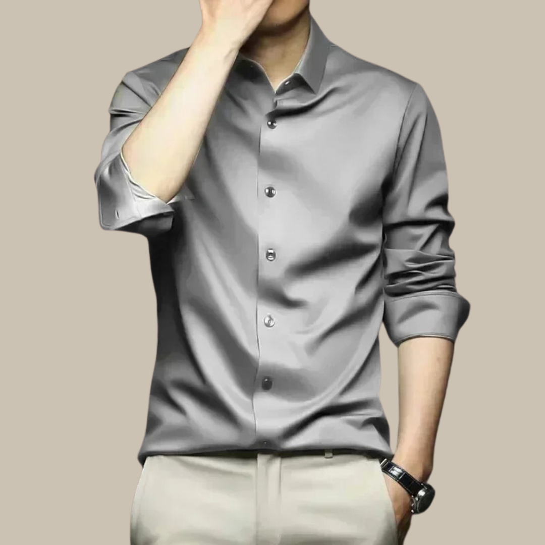 Back view of a men's casual silk dress shirt, demonstrating sophisticated and versatile design.