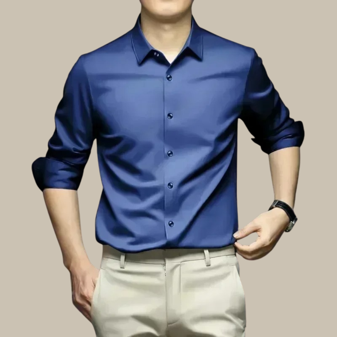 Detail shot of the collar on a men's elegant silk shirt, ideal for upscale casual wear.