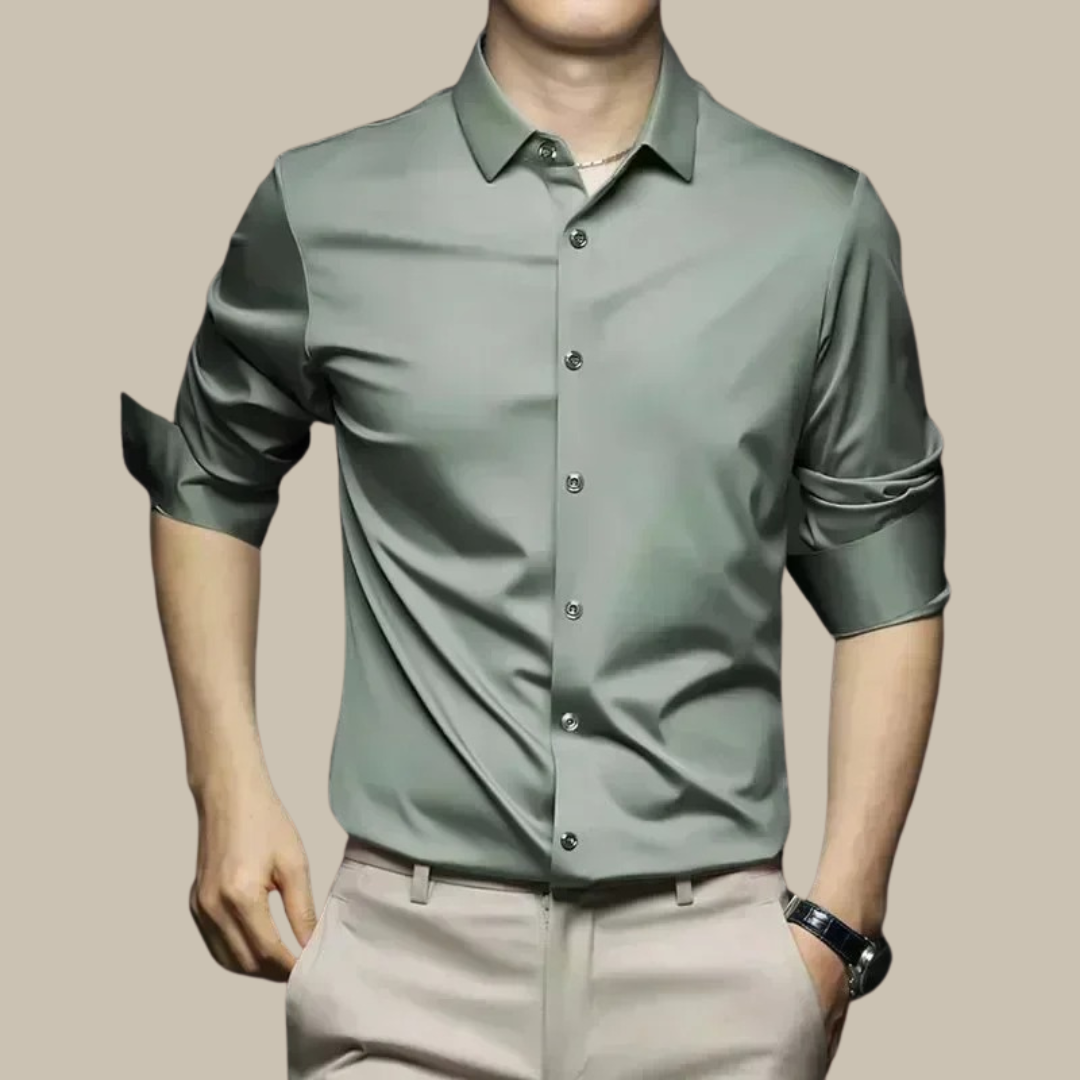 The drape of this men's casual silk shirt, showing its luxurious feel and elegant flow.