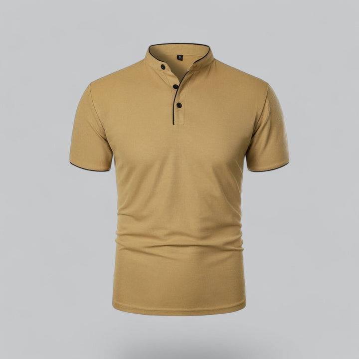 Men's luxury collarless polo shirt, short sleeve. Ideal for smart casual summer fashion and sophisticated style.