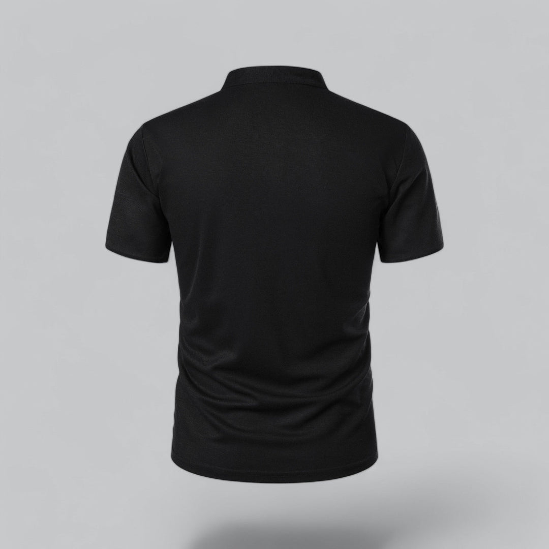 Men's luxurious collarless short sleeve polo shirt, versatile and timeless for a modern classic luxury look.