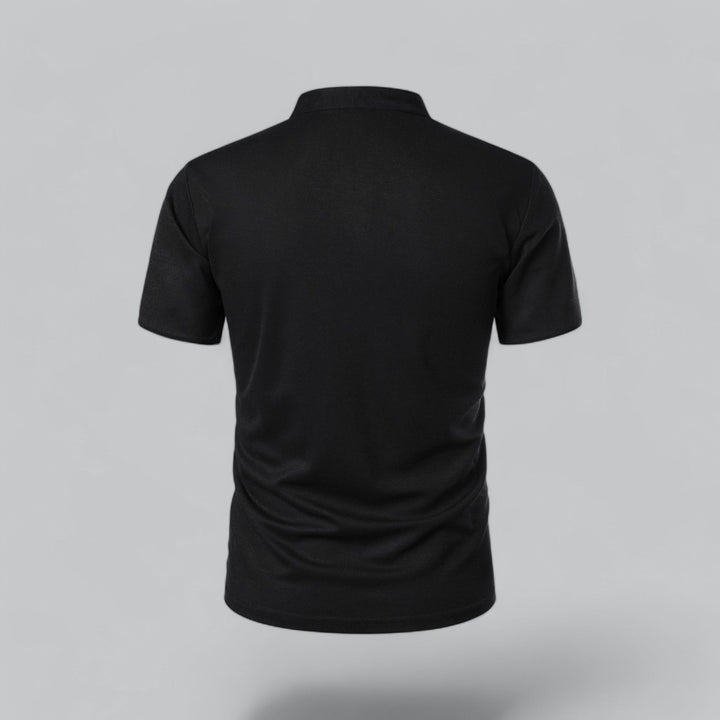Men's luxurious collarless short sleeve polo shirt, versatile and timeless for a modern classic luxury look.