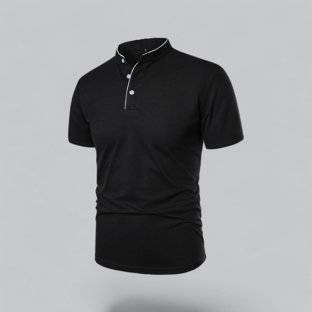 Elegant men's collarless polo, short sleeve, exuding timeless luxury and sophisticated charm for any occasion.