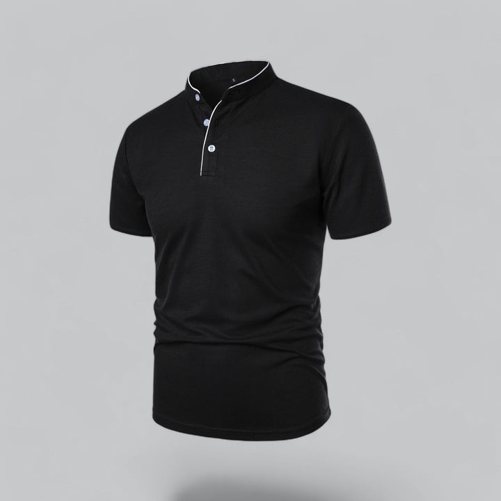 Elegant men's collarless polo, short sleeve, exuding timeless luxury and sophisticated charm for any occasion.