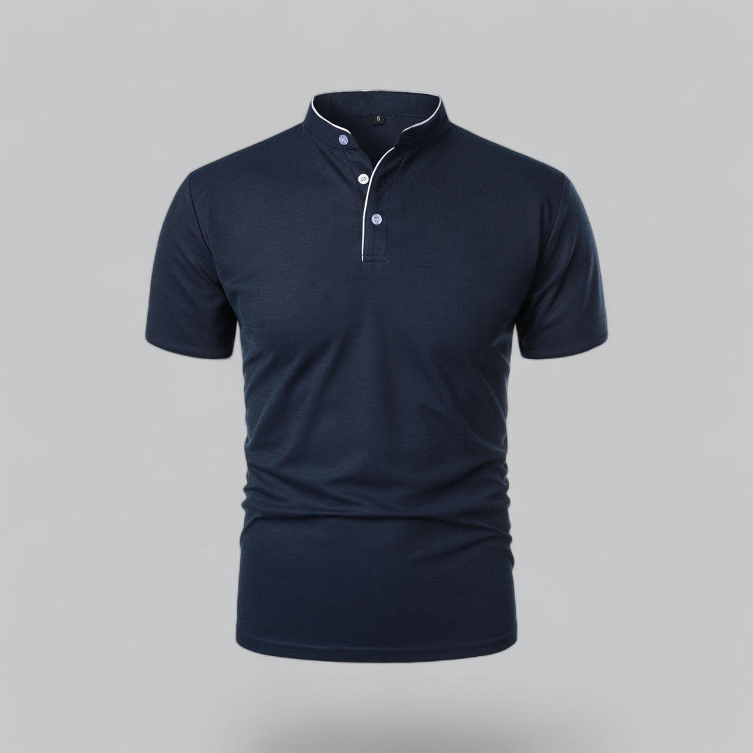 Refined men's collarless polo shirt, short sleeve, ideal for elevated casual, smart casual, and luxury attire.