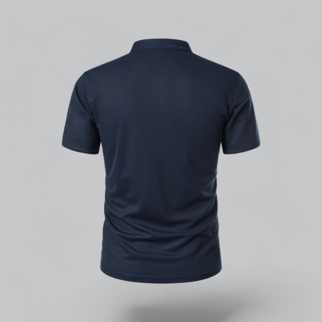 Business casual men's collarless polo, short sleeve, perfect for a sophisticated office or smart casual event.