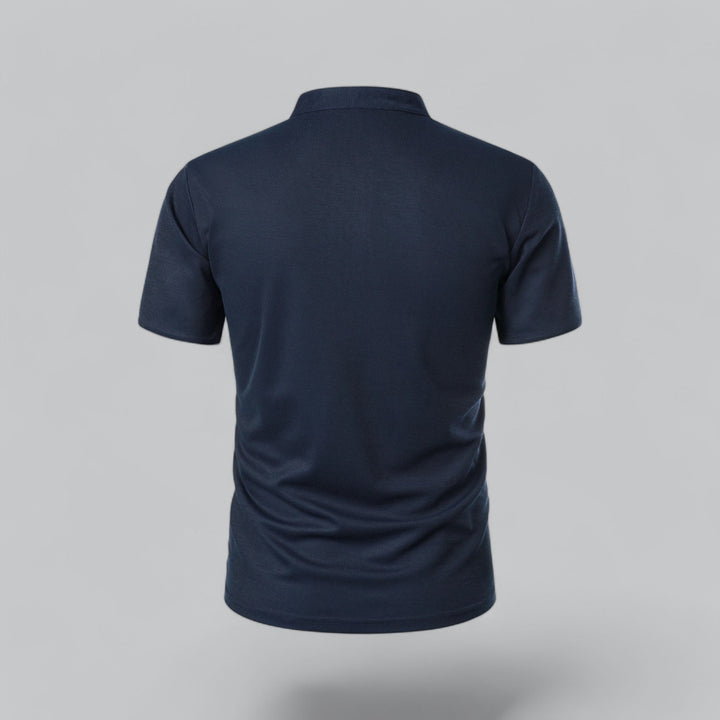 Business casual men's collarless polo, short sleeve, perfect for a sophisticated office or smart casual event.