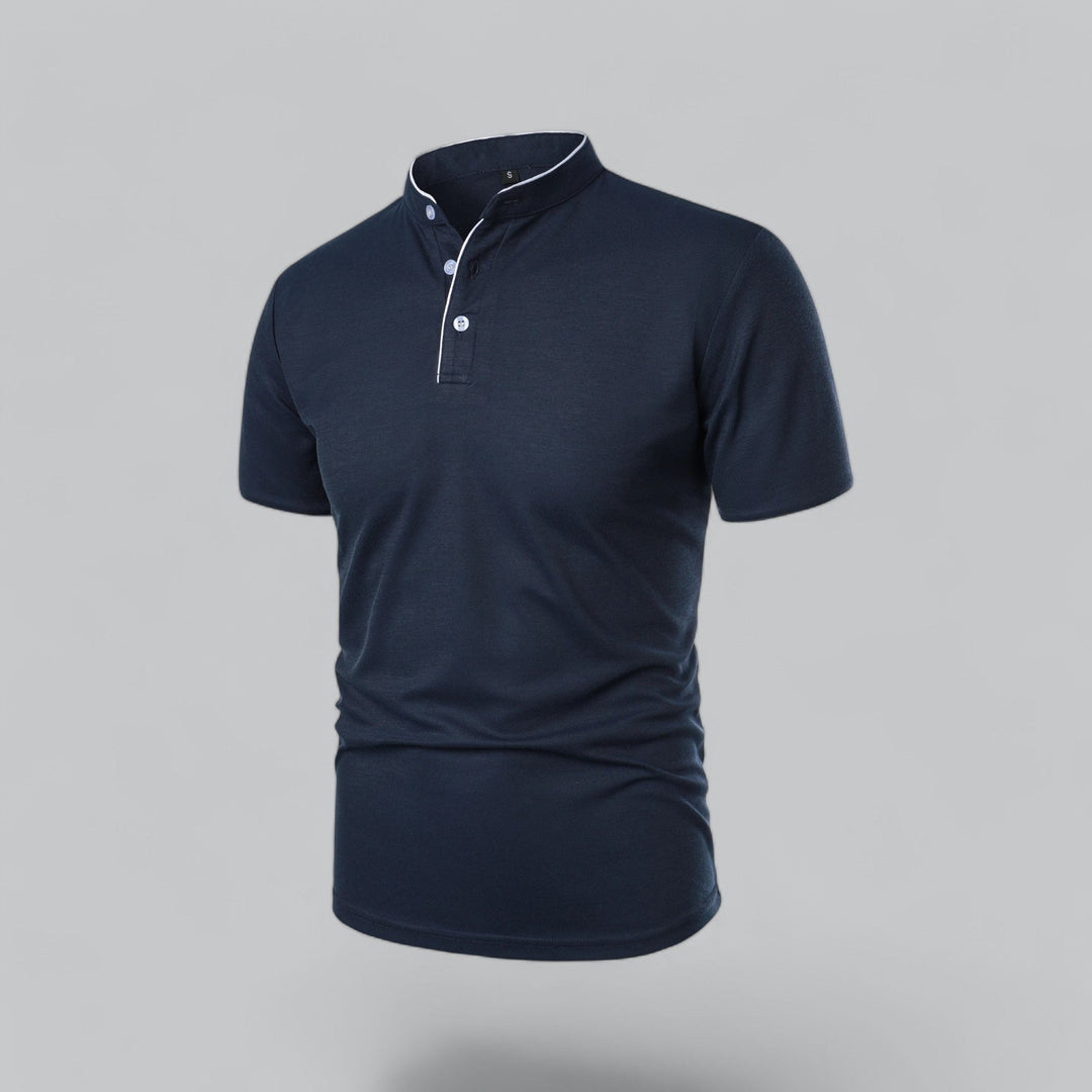 Fashion-forward men's collarless polo, short sleeve, embodying modern classic luxury and timeless old money style.