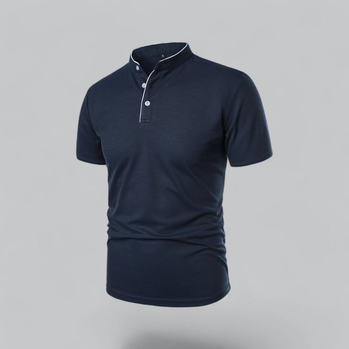 Fashion-forward men's collarless polo, short sleeve, embodying modern classic luxury and timeless old money style.