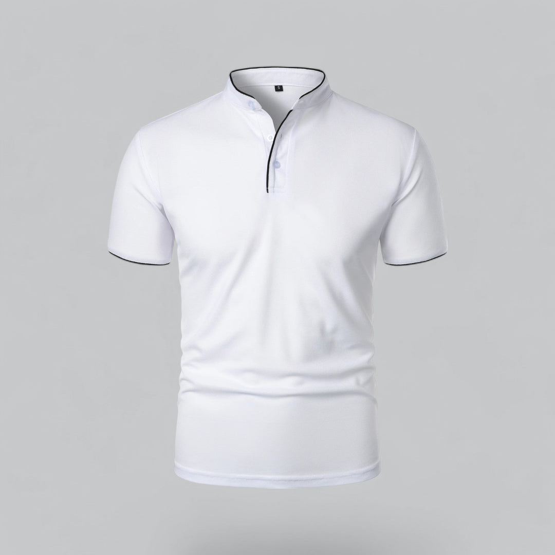 Sophisticated men's collarless polo, short sleeve, ideal summer luxury wear with old money flair, very versatile.