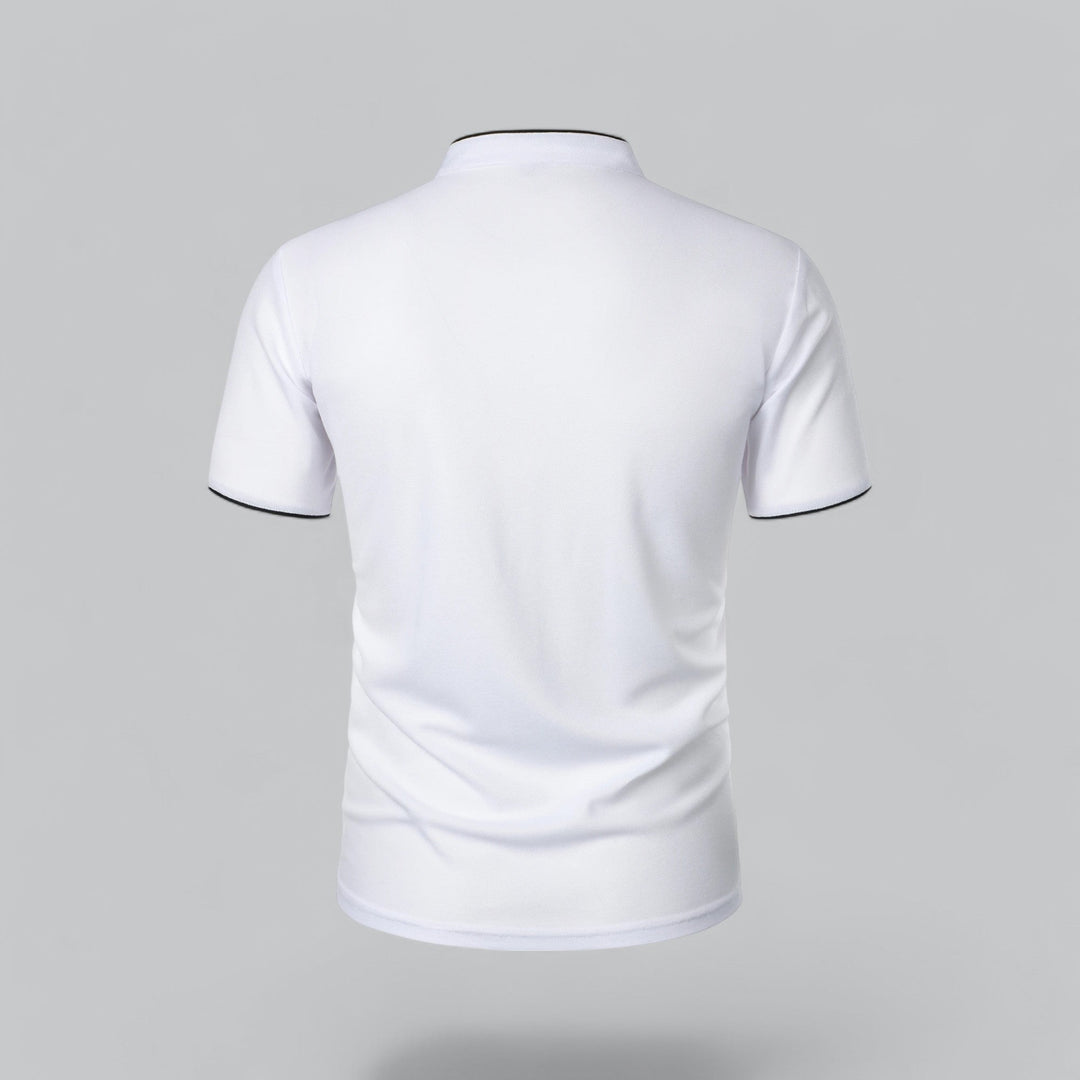 Breathable men's collarless polo shirt, short sleeve, offering luxurious comfort and timeless sophisticated style.