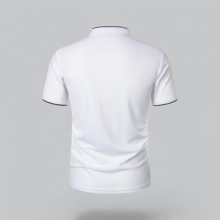 Breathable men's collarless polo shirt, short sleeve, offering luxurious comfort and timeless sophisticated style.