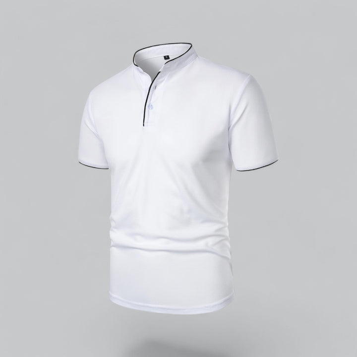 Men's luxury collarless polo, short sleeve, featuring a clean, modern aesthetic for refined and casual wear.
