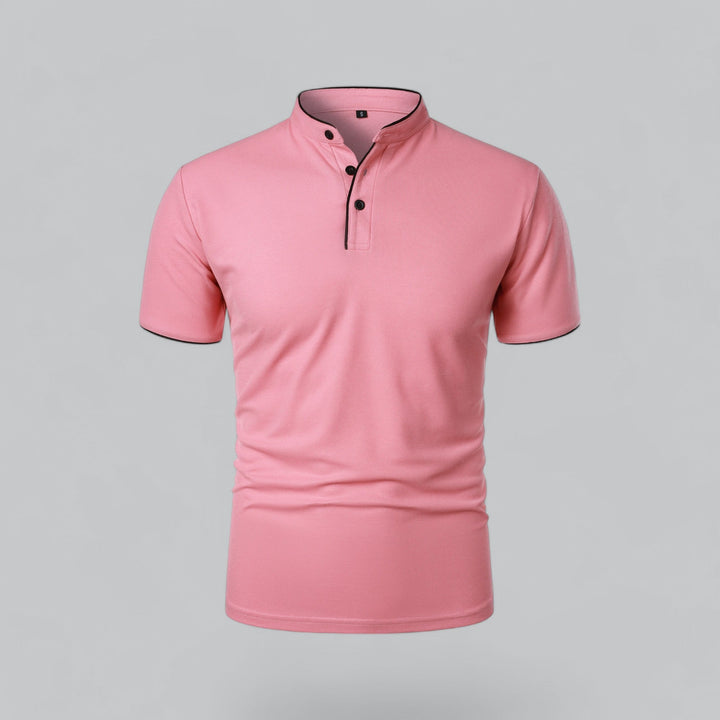Go-to men's collarless short sleeve polo, versatile for smart casual, business casual, and luxury summer wear.