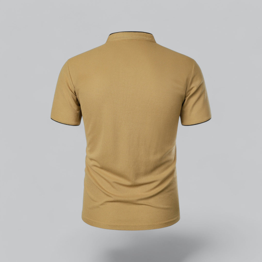 Sophisticated men's collarless polo, old money style, versatile for business casual and modern luxury looks.