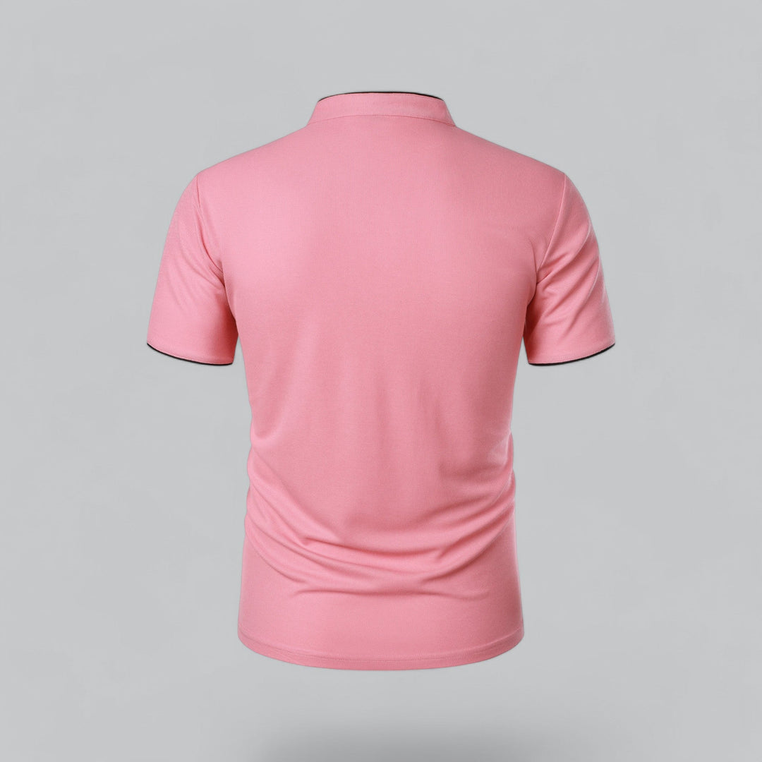 Classic men's polo reinvented: collarless, short sleeve, luxury, for a modern sophisticated old money look.