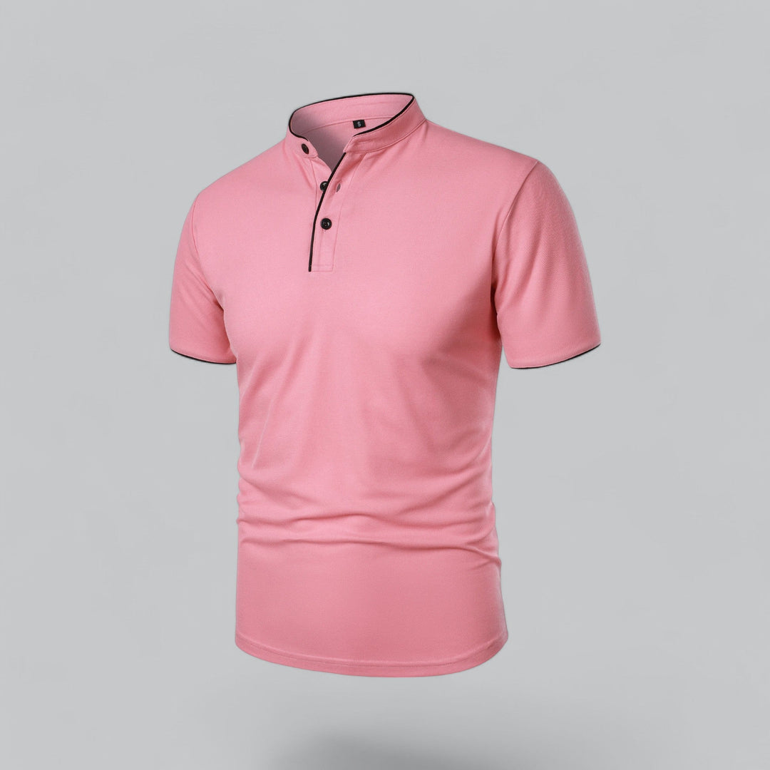 High-end men's collarless polo shirt, short sleeve, perfect for old money style, luxury casual, and summer fashion.