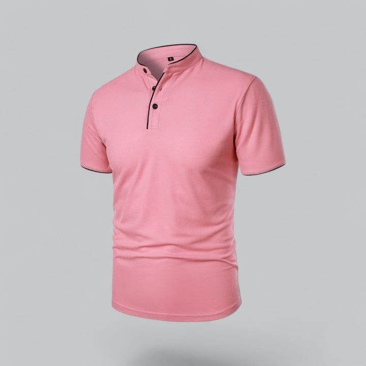 High-end men's collarless polo shirt, short sleeve, perfect for old money style, luxury casual, and summer fashion.