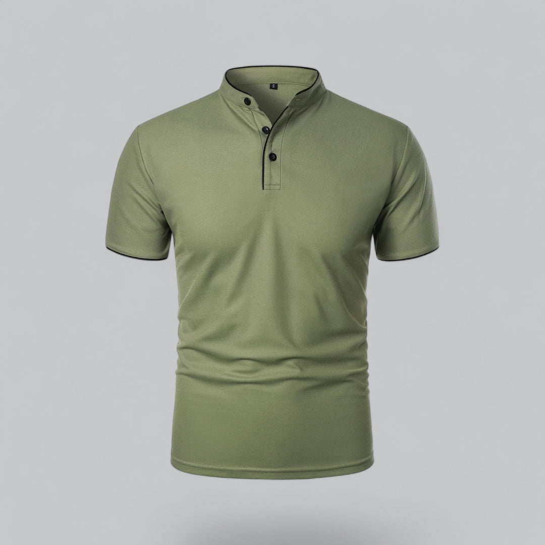Elegant men's collarless polo, short sleeve, a simple yet luxurious piece for versatile sophisticated styling.