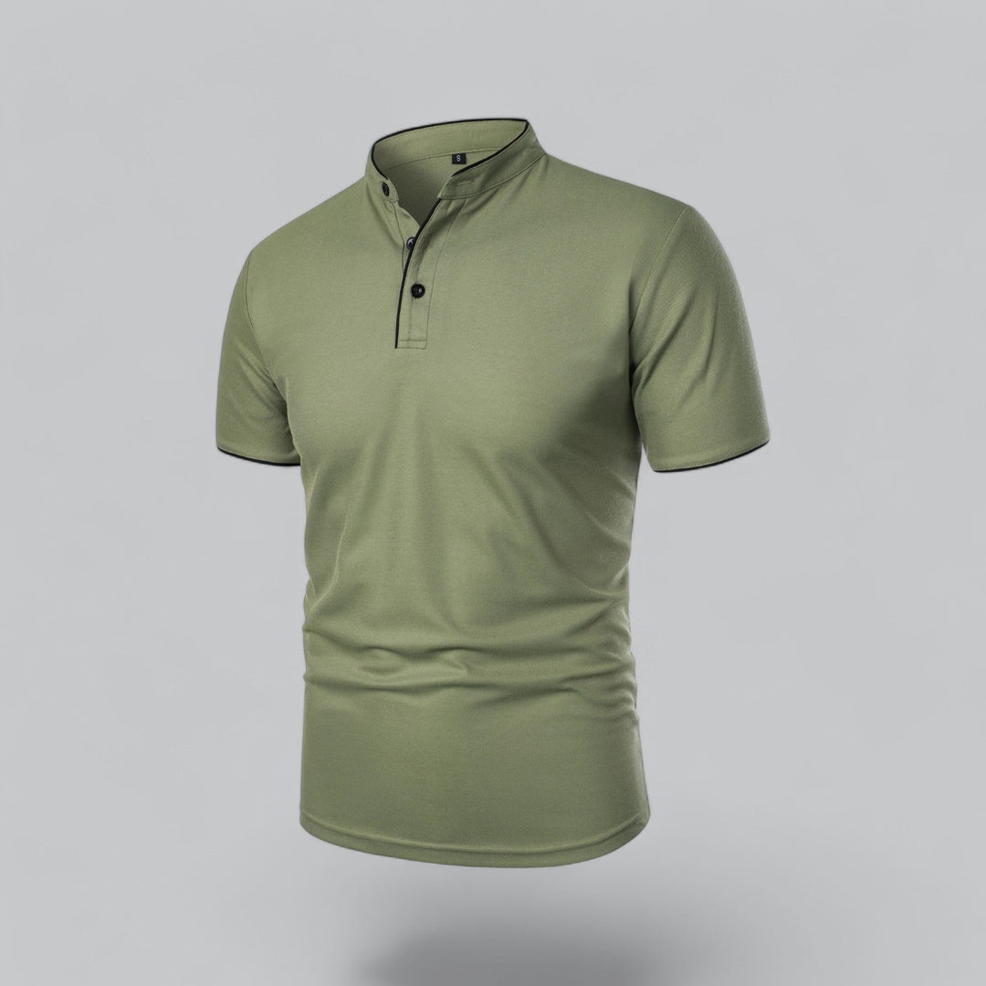 Men's collarless polo, short sleeve, easily dressed up or down for luxury smart casual and timeless appeal.