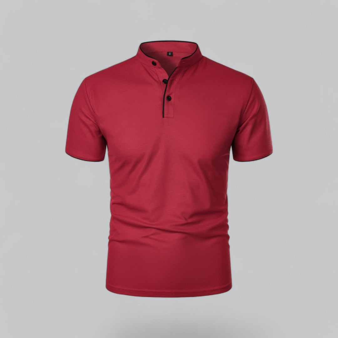 Refined casual men's collarless polo shirt, short sleeve, embodying modern luxury and timeless versatile design.