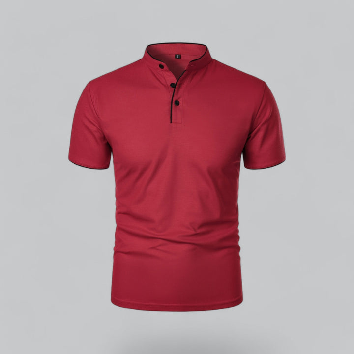 Refined casual men's collarless polo shirt, short sleeve, embodying modern luxury and timeless versatile design.