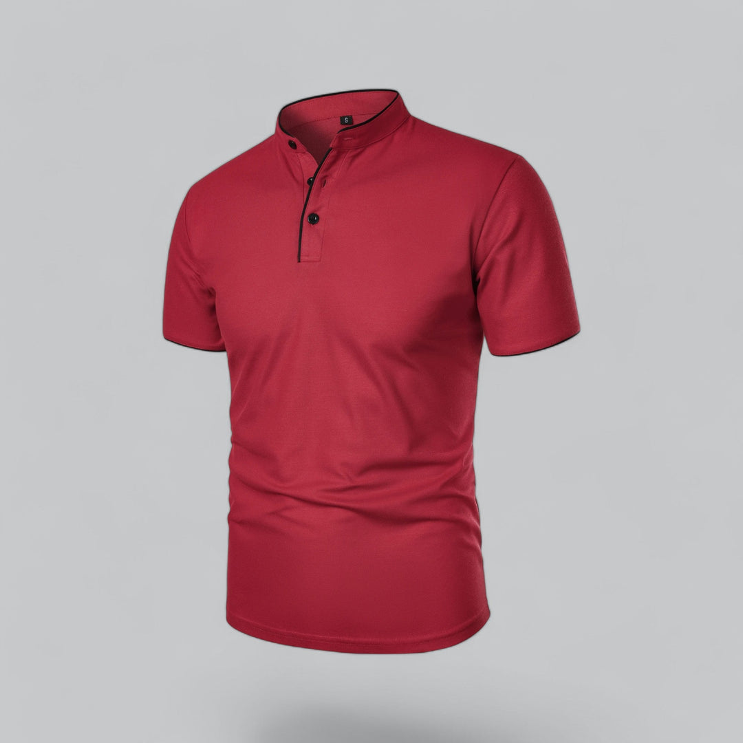 Men's collarless short sleeve polo, modern elegance meets timeless luxury, perfect for versatile casual style.