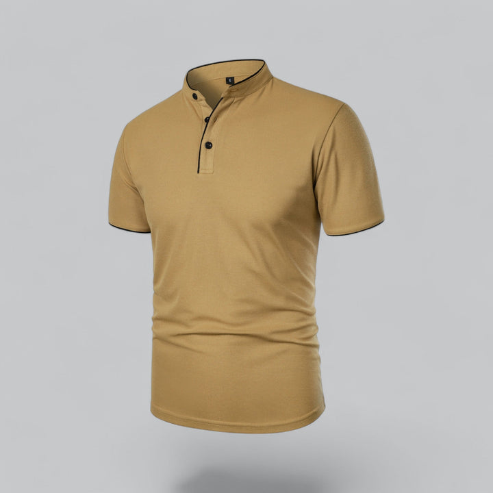 Premium men's short sleeve collarless polo shirt, luxurious feel, a modern classic for refined casual wear.