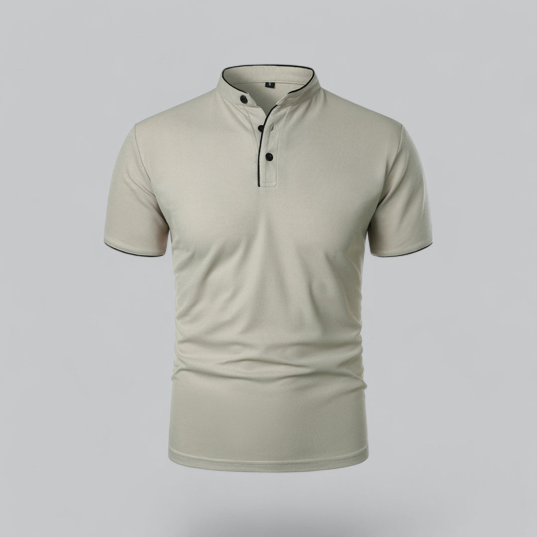 Versatile men's collarless polo for casual to smart casual outfits, showcasing timeless luxury and style.
