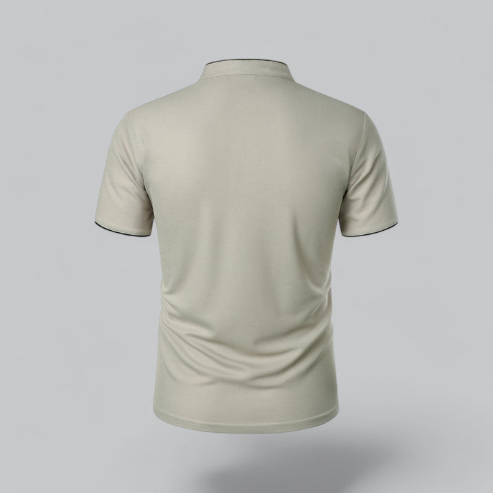 Summer fashion men's collarless polo shirt, short sleeve, elegant for warm weather and luxury styling.