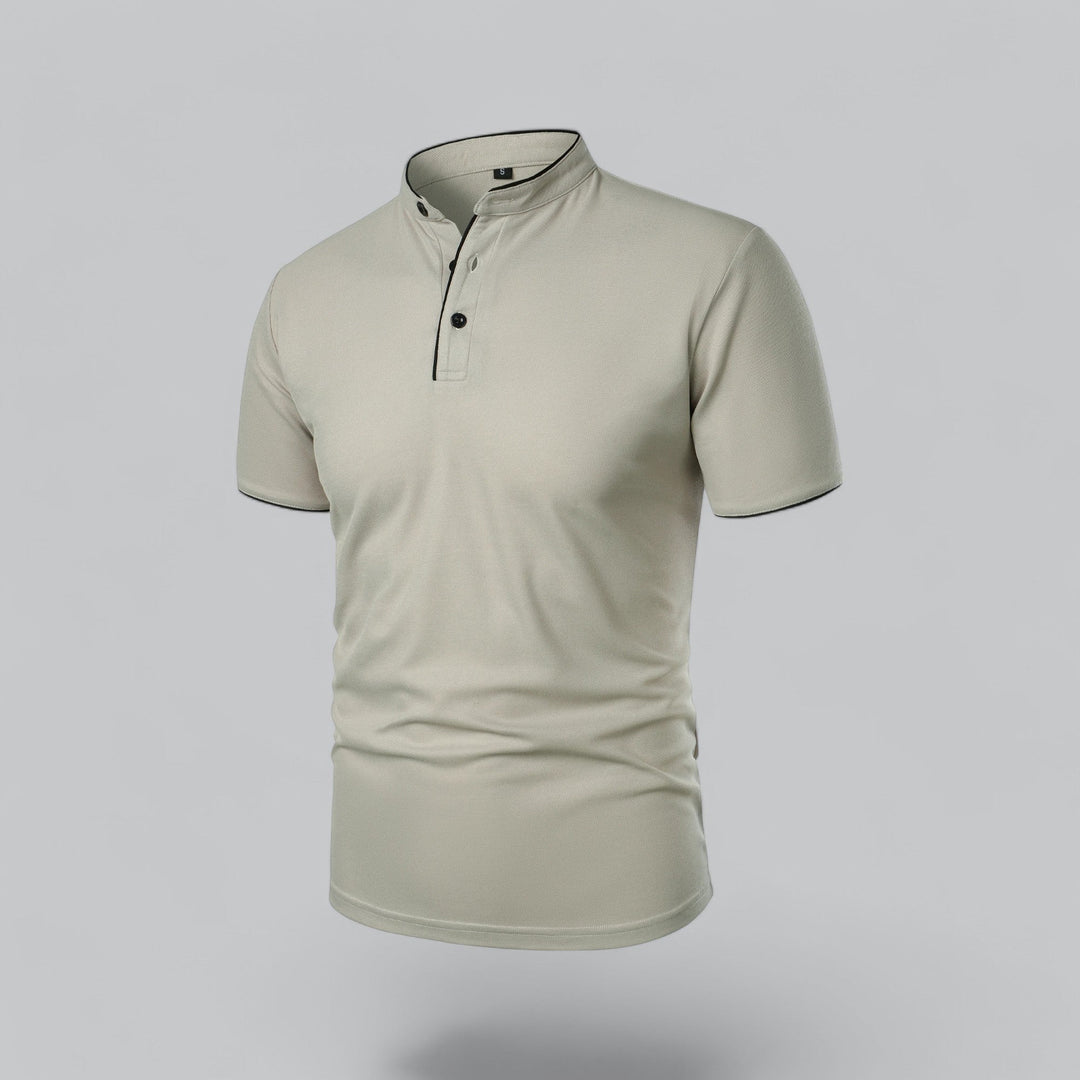 Comfortable men's luxury collarless polo, short sleeve, ideal for sophisticated casual and old money style.