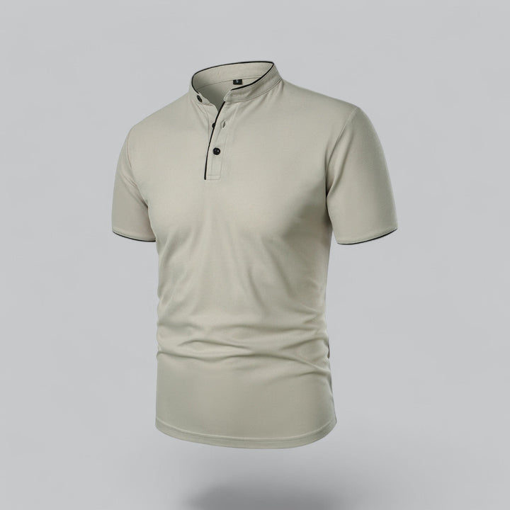 Comfortable men's luxury collarless polo, short sleeve, ideal for sophisticated casual and old money style.