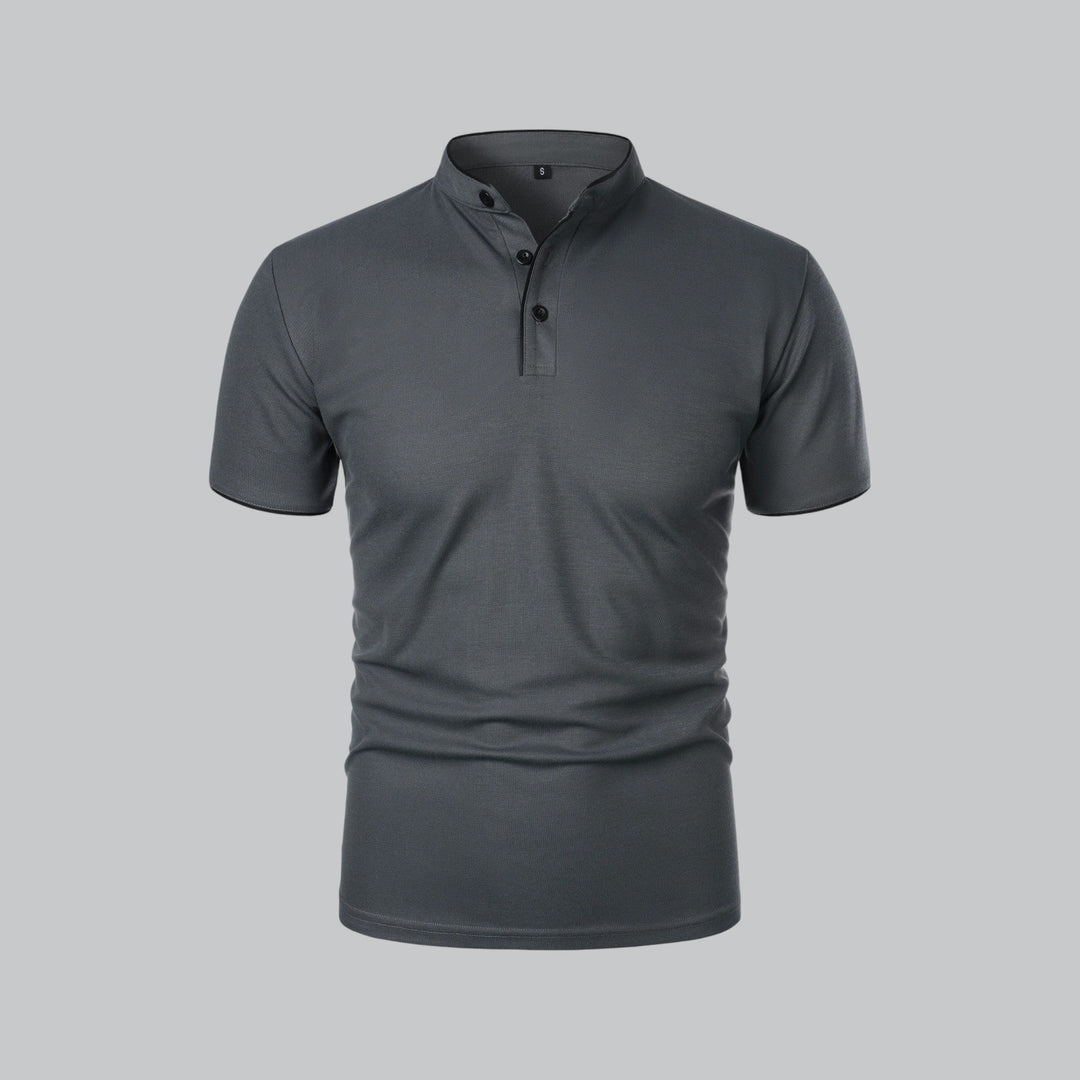 Modern classic men's collarless polo shirt, short sleeve, luxury old money aesthetic, truly timeless style.