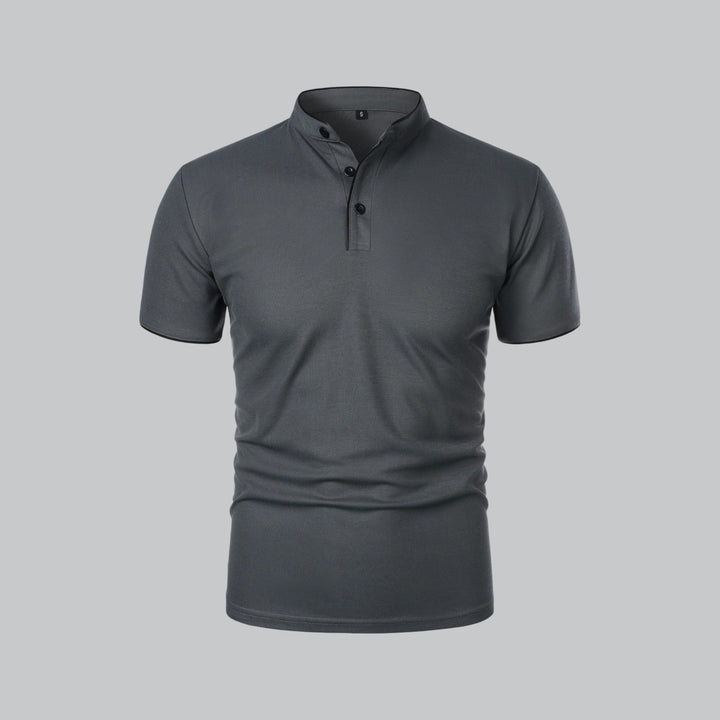 Modern classic men's collarless polo shirt, short sleeve, luxury old money aesthetic, truly timeless style.