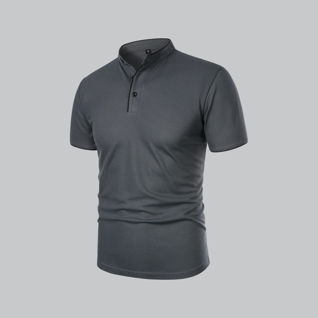 Short sleeve men's collarless polo, sophisticated luxury style, perfect for smart casual and business casual.