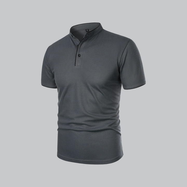 Short sleeve men's collarless polo, sophisticated luxury style, perfect for smart casual and business casual.