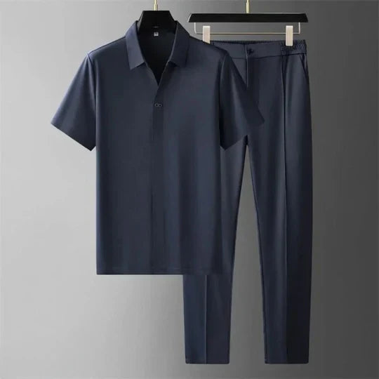 Men's luxury cotton linen two-piece set, casual elegant style for summer & transitional wear. Breathable fashion.