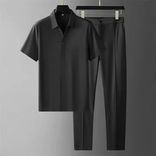 Man enjoying summer in a casual, breathable men's luxury cotton linen two-piece set. Effortless loungewear.