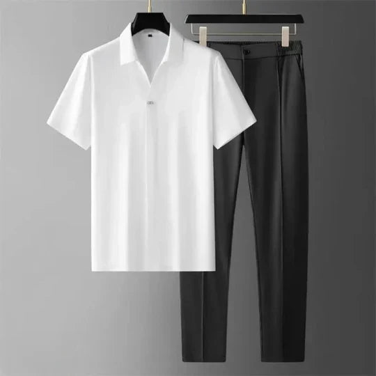Men's luxury cotton linen two-piece set styled for casual elegance, paired with modern footwear.
